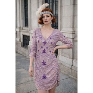 Vintage Purple Silk Beaded Sequin Flapper Dress Chanson D' Amour Medium  Lilac